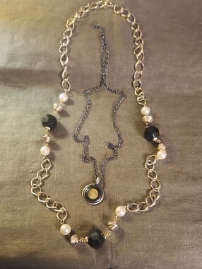 Necklace Bundle | Mixed Metal, Pearl & Amber‑Look Pendant